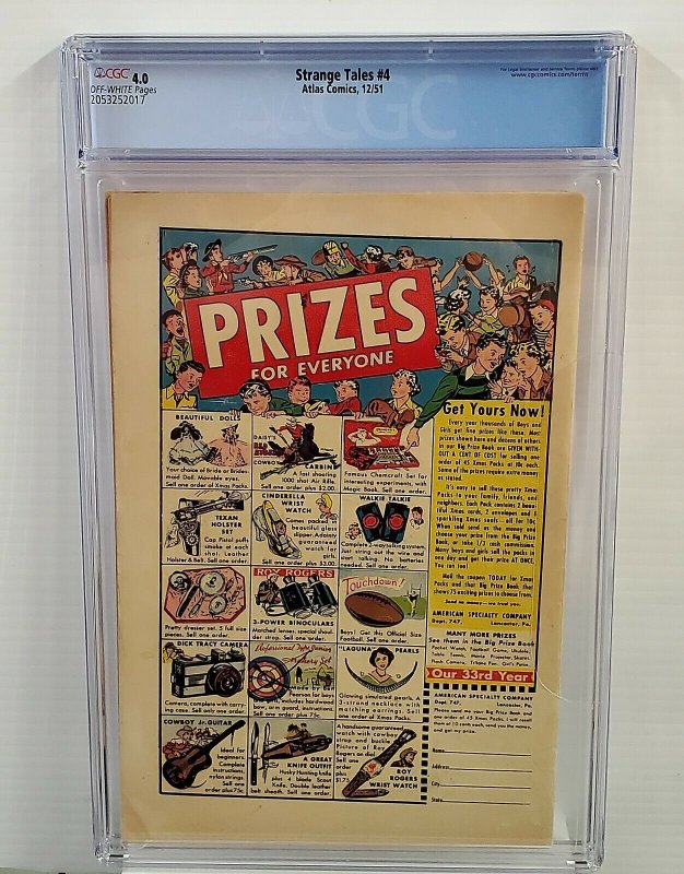STRANGE TALES #4 CGC 4.0 10 CENT PRE HERO HORROR