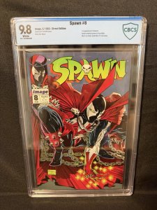 1993 SPAWN #8 CBCS 9.8 White pgs -1st Vindicator -Spider-Man 1 homage (not CGC)