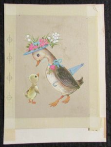 EASTER Momma Duck w/ Flower Bonnet & Cute Duckling 7x9 Greeting Card Art #7513