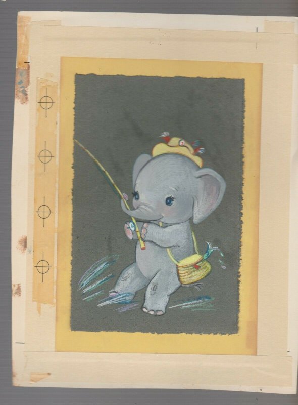 HAPPY BIRTHDAY Cute Elephant Fishing W Hat 7x9 Greeting Card Art 