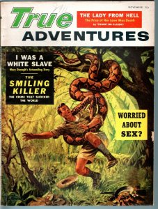 TRUE ADVENTURE-DEC 1958-SNAKE COVER-COBRA GIRL-CHEESECAKE-PULP THRILLS-NAZI FN