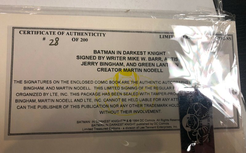 Batman In Darkest Knight (1994) # 1 Signed By Barr, Bingham And Creator Nodell