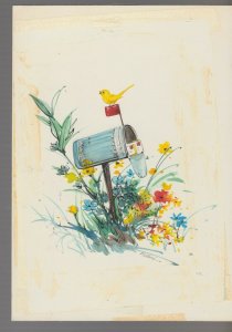 NEW HOME Yellow Bird on Mailbox with Flowers 6.5x9 Greeting Card Art #NH4462