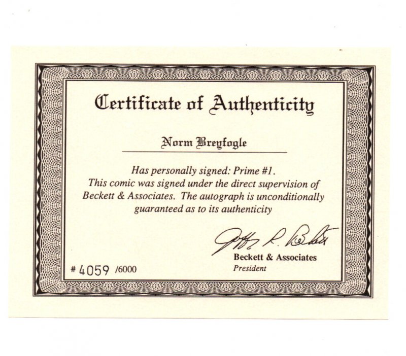 Prime #1 signed Norm Breyfogle w/COA #4059/6000 w/card - 1993 - VF/NM