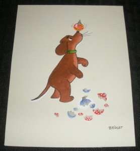 CHRISTMAS Cartoon Dog Balancing Ornament 4.5x6 Greeting Card Art #FL68