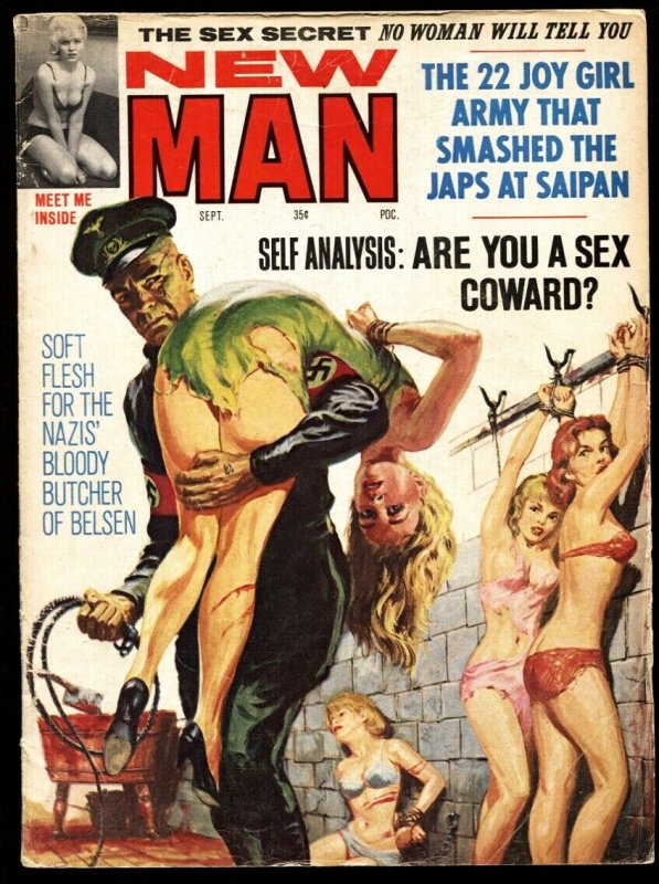 New Man Sep 1964-NORMAN SAUNDERS NAZI whipping cover-Pulp mag