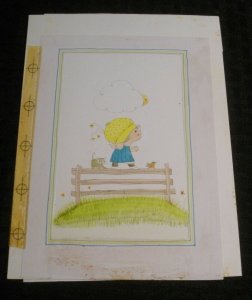 CUTE CARTOON GIRL on Fence w/ Kitten & Bird 6.5x9 Greeting Card Art #9208