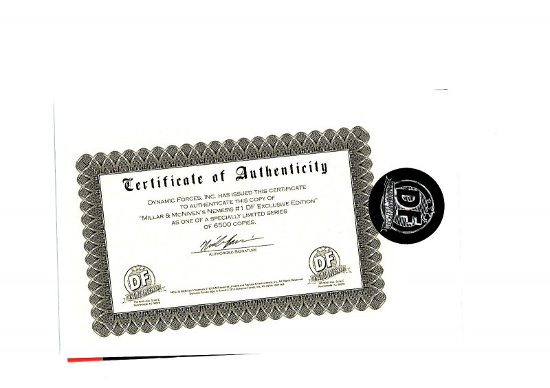 Millar & McNiven's Nemesis #1 DF Exclusive Mark Millar Variant W/COA NM.