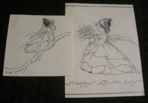 HAPPY BIRTHDAY Cute Girl w/ Wings & Flowers 2pcs 4.5x6 Greeting Card Art #181