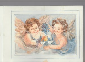 2 CHERUBS ANGELS with Grapes 11.5x8 #nn Christmas Greeting Card Art