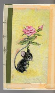 GET WELL SOON Cute Painted Mouse w/ Pink Rose 5.25x8.5 Greeting Card Art #M1424