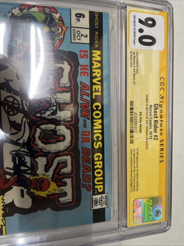Ghost Rider (1973) # 2 (CGC 9.0) Signed & Sketch Roy Thomas • Rare UK Edition