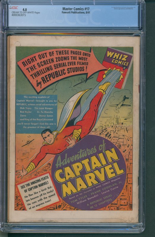 Master Comics #17 CGC 4.0. Great Golden Age classic!