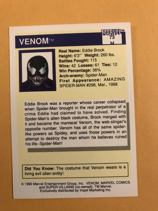 VENOM #73 : 1990 Marvel Universe Series 1 card, NM/M,  1st card appearance