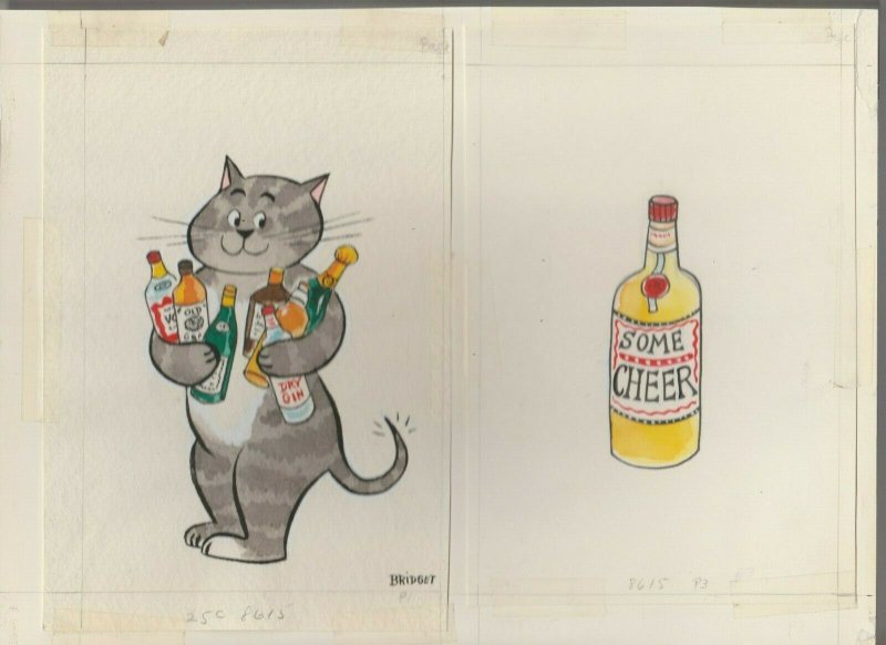 SENDING SOME CHEER Cartoon Cat w/ Bottles 2pcs 5.5x8 Greeting Card Art #C8615