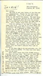 Xenophile Pulp Fanzine-Original Letter From editor Nils Hardin 6/2/1974-VG