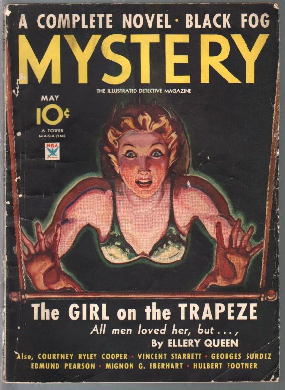 Mystery 5/1934-Tower-crime-violence-Ellery Queen-Hubert Footner-Madame Storey-VG