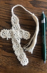 Large white crocheted cross w/tassel