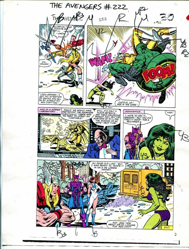 Avengers #222 1982 Hand Painted  Colorguide Page 22-She-Hulk-Thor-VG