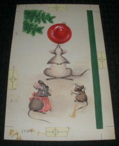 CHRISTMAS Painted Mouse Balancing Ornament 6x9.25 Greeting Card Art #6R