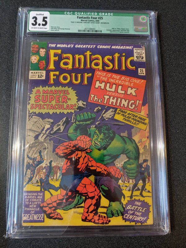 FANTASTIC FOUR #25 CGC 3.5 QUALIFIED HULK VS THE THING