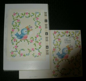 THANKS SO MUCH Blue Bird Chick w Flowers 6.5x9.5 Greeting Card Art #9011