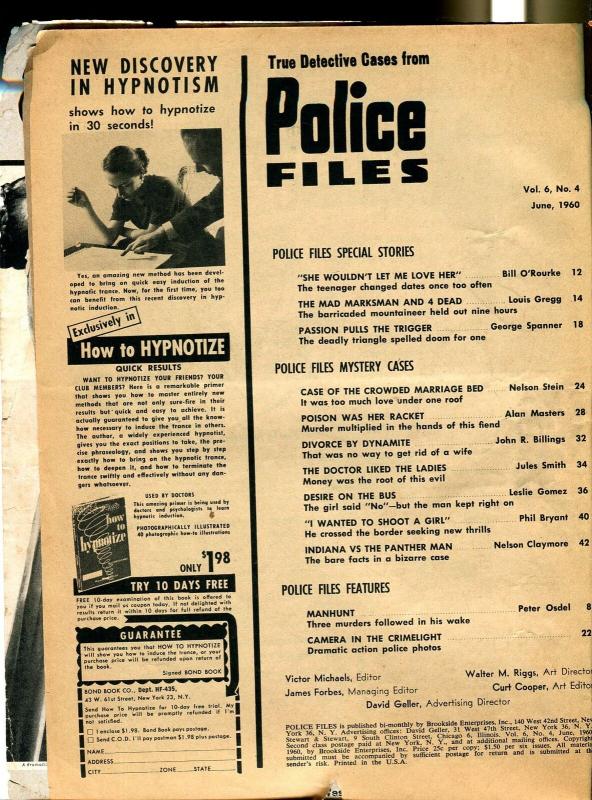 Police Files 6/1960-spicy babe-Mad Marksman-poison-crowded marriage bed-G