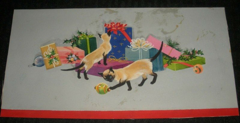 MERRY CHRISTMAS Persian Cats w/ Presents 10x5.25 Greeting Card Art #15014