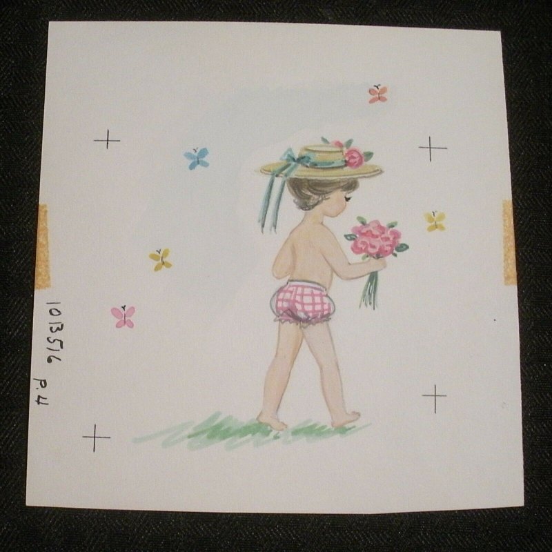 BIRTHDAY Cute Girl in Bonnet & Swim Shorts 5.25x5.5 Greeting Card Art #3516