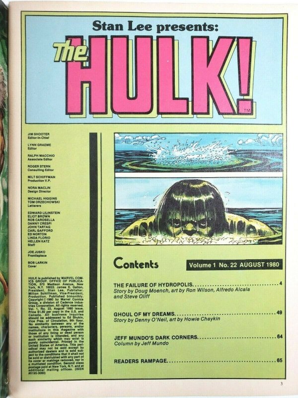 The HULK! #22 Marvel Comics Magazine 1980 Bob Larkin Cover Joe Jusko Frontispiec