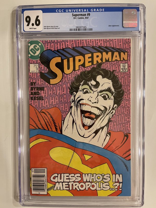 SUPERMAN #9 CGC 9.6 - Newsstand  - CLASSIC JOKER COVER!  1987 JOHN BYRNE