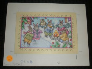 CHRISTMAS Bunny Rabbit Party Toasting Marshmallows 10.5x8 Greeting Card Art 4041