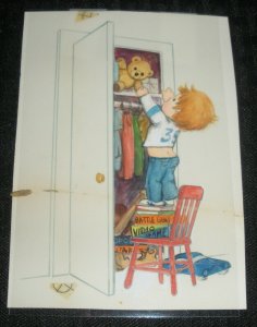 HAPPY BIRTHDAY Cute Boy on Chair Grabbing Teddy Bear 4x6 Greeting Card Art #724