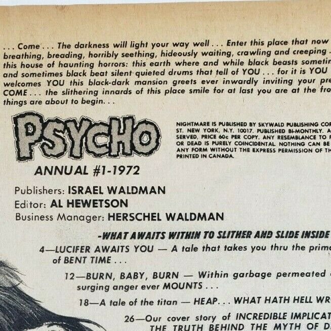 PSYCHO Annual #1 Horror Monster Comic Magazine 1972