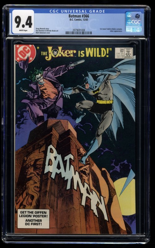 Batman #366 CGC NM 9.4 White Pages Joker Cover 1st Jason Todd as Robin!