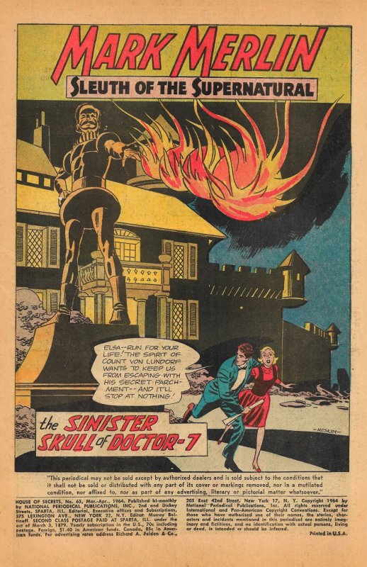 HOUSE OF SECRETS #65 (Mar1964) 4.5 VG+  ALEX TOTH Artwork on Key ECLIPSO Issue!!