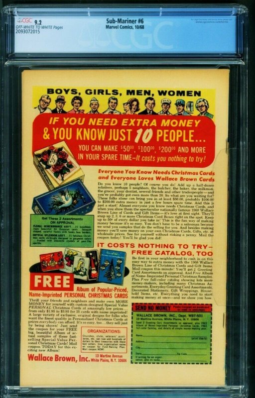 Sub-mariner #6 CGC 9.2 1968-marvel Comic-2093072015 