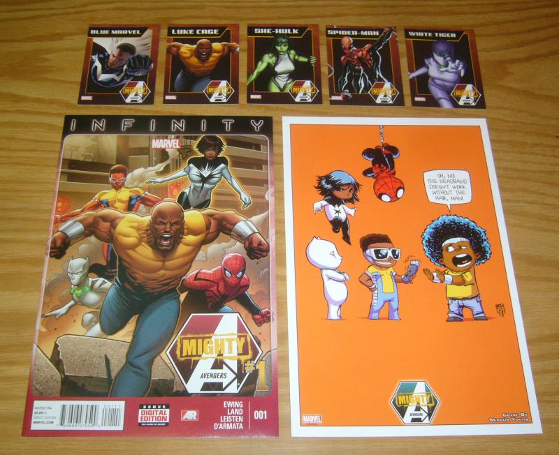 Mighty Avengers #1 VF/NM first printing + skottie young print +(5) trading cards