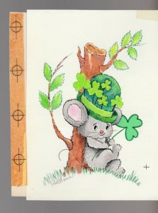 ST PADDYS DAY Cute Cartoon Mouse w/ Hat & Clover 4.5x6 Greeting Card Art #SP7814