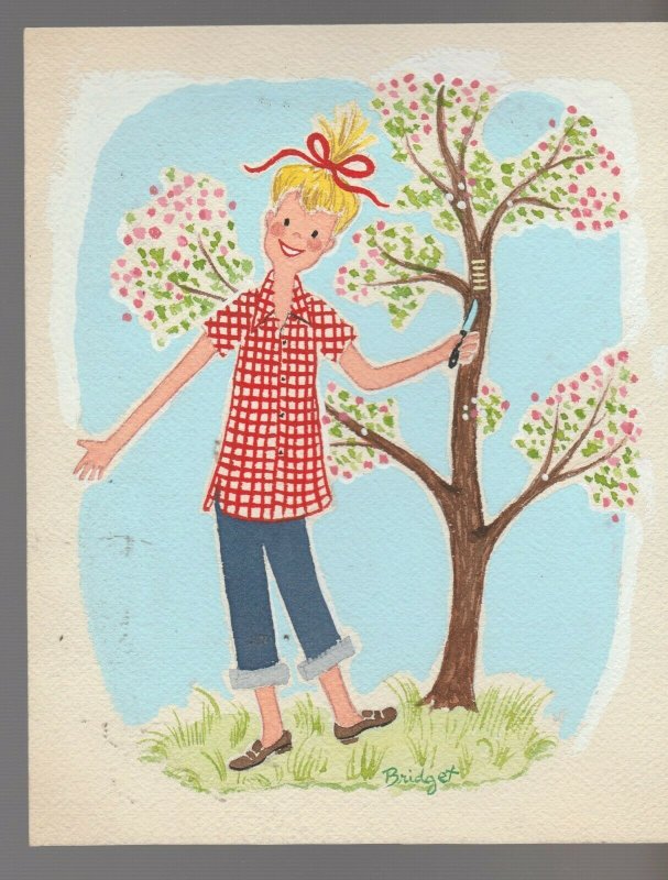 HAPPY BIRTHDAY Cute Girl with Tree & Knife 6x7.5 Greeting Card Art #nn