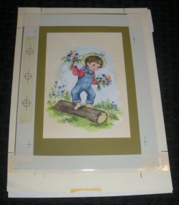 BIRTHDAY Cute Boy on Log w/ Flowers 6.5x9 Greeting Card Art #6536