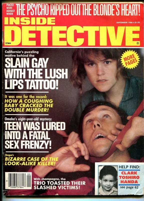 Inside Detective 9/1986-strangulation cover-psycho-violent pulp crime thrills-VG