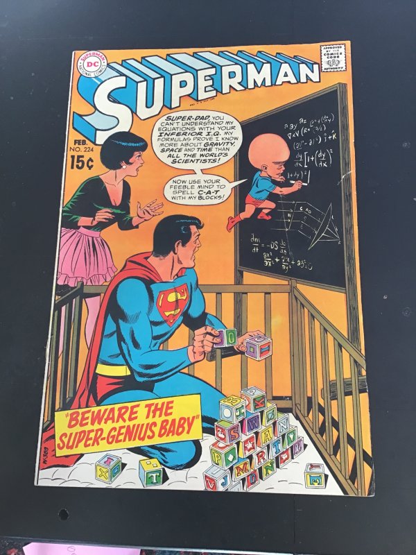 Superman #224 (1970) Genius super baby! Mid high grade! FN+. Wow!