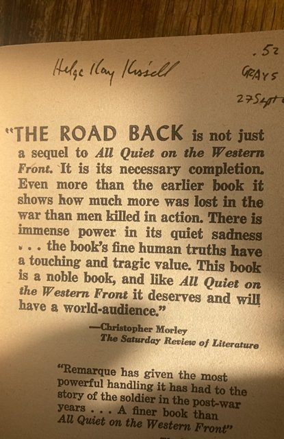 The road back, 1959 paperback, Remarque ww1 tale