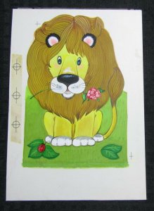 GET WELL SOON Cartoon Lion w/ Flower & Ladybug 6.25x9 Greeting Card Art #C8708