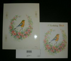 BIRTHDAY Beautiful Orange Bird w/ Pink Flowers 7.5x9.5 Greeting Card Art #8483