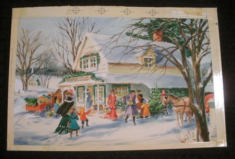 CHRISTMAS Winter Scene w/ General Store People 11x7.5 Greeting Card Art #250-1