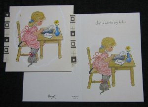NOTE TO SAY HELLO Cute Girl w/ Typewriter & Kitten 5x5 Greeting Card Art #M9425