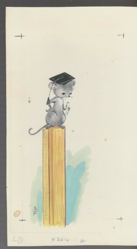 GRADUATION Painted Mouse w/ Cap & Diploma on Ruler 5x9 Greeting Card Art #G4364