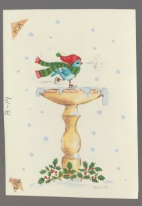 CHRISTMAS Cartoon Bird Skaing on Frozen Birdbath 4x5.5 Greeting Card Art #B19